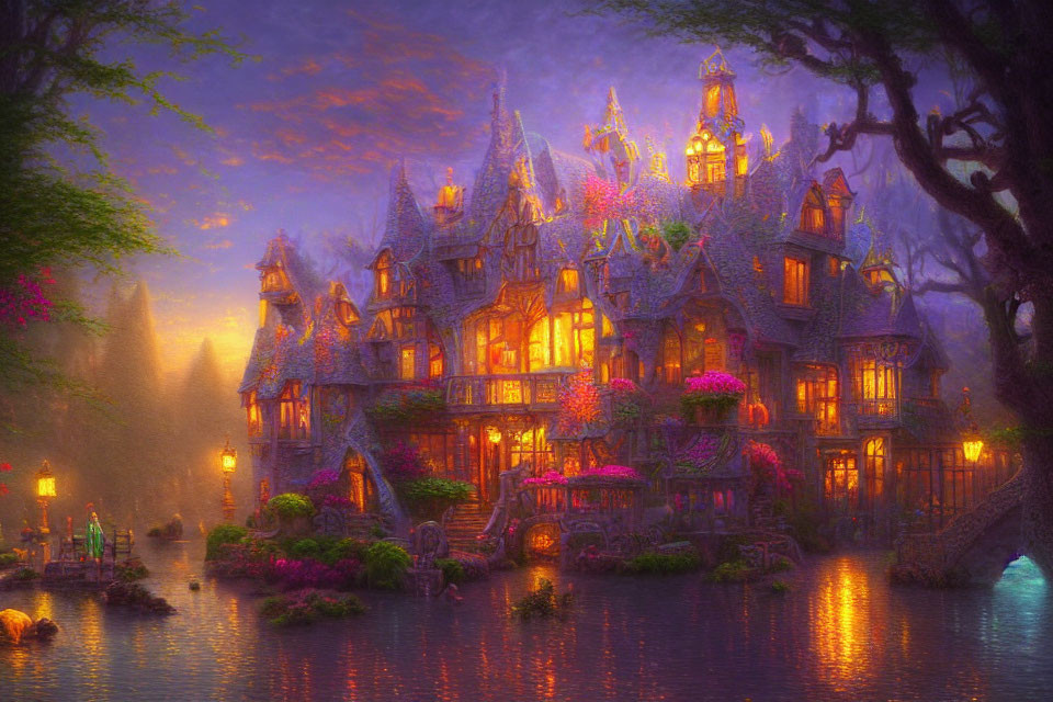 Twilight fairy-tale cottage by serene lake and lush vegetation
