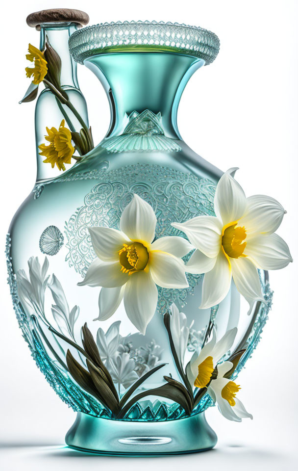 Aqua Blue Glass Vase with Etched Floral Designs and Daffodils