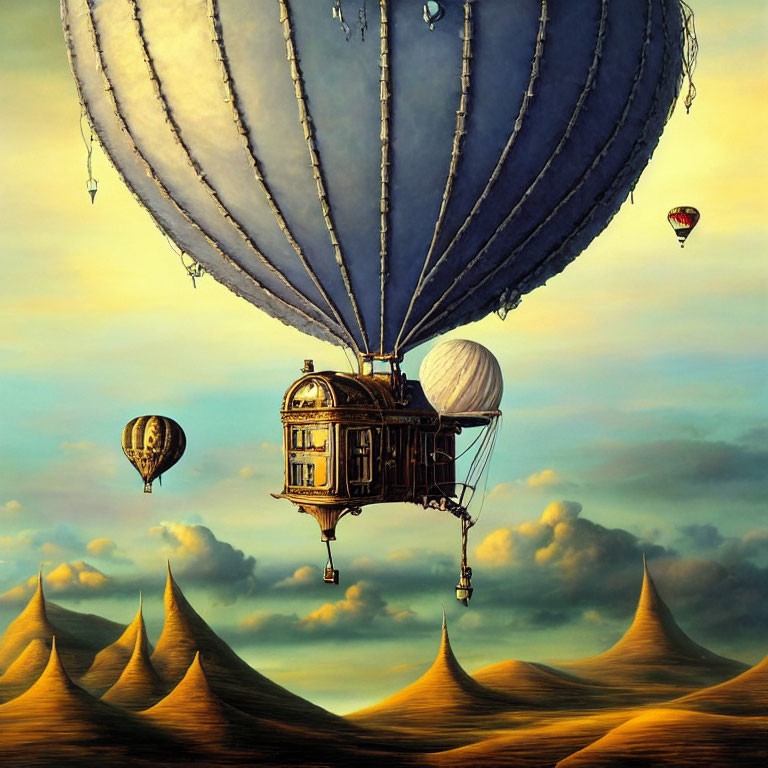 Steampunk-style balloon flying over surreal pointed hills under golden sky