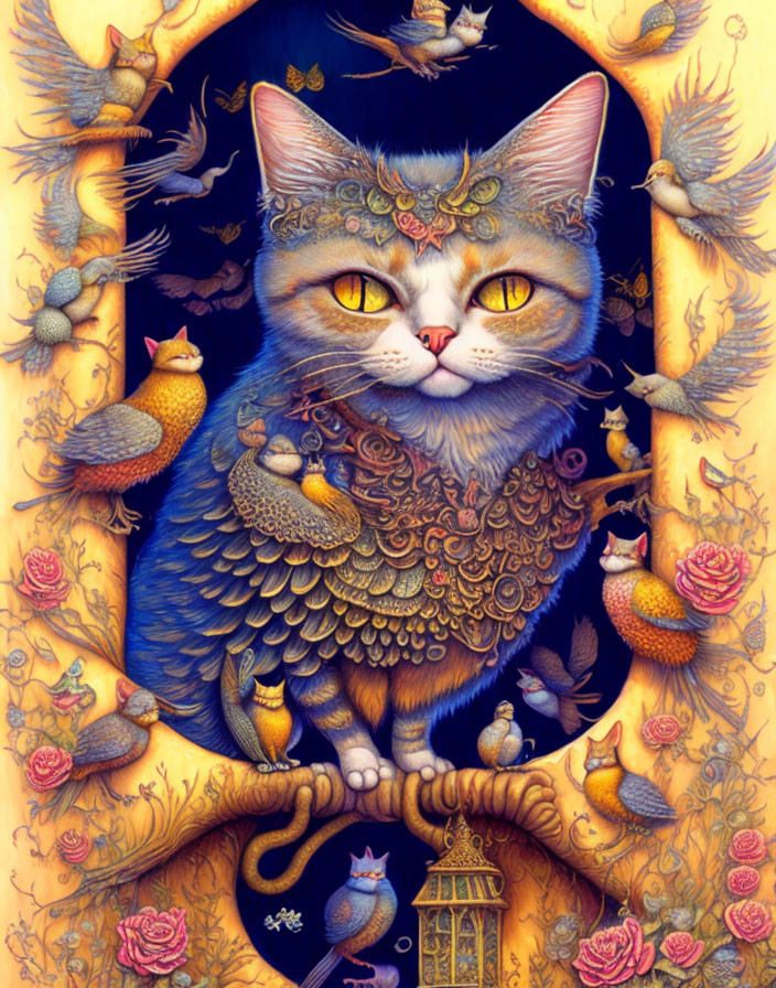 Detailed illustration of majestic cat with birds in vibrant colors
