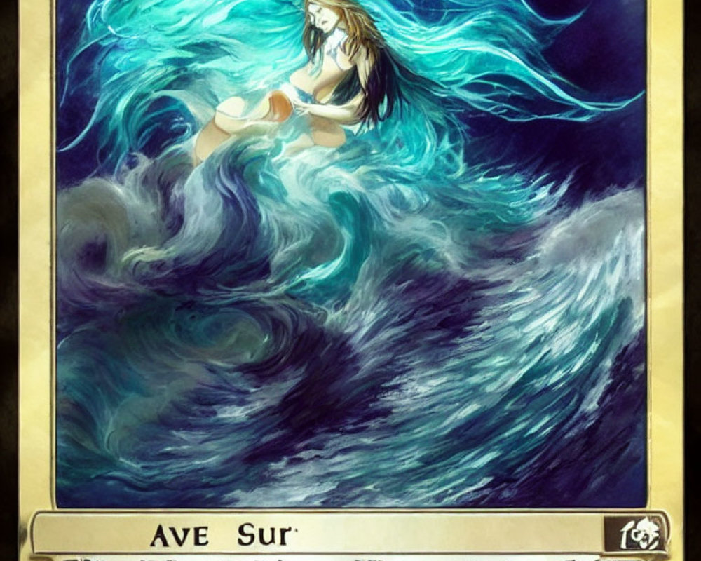 Illustration of female figure with blue hair merging with waves in decorative border.