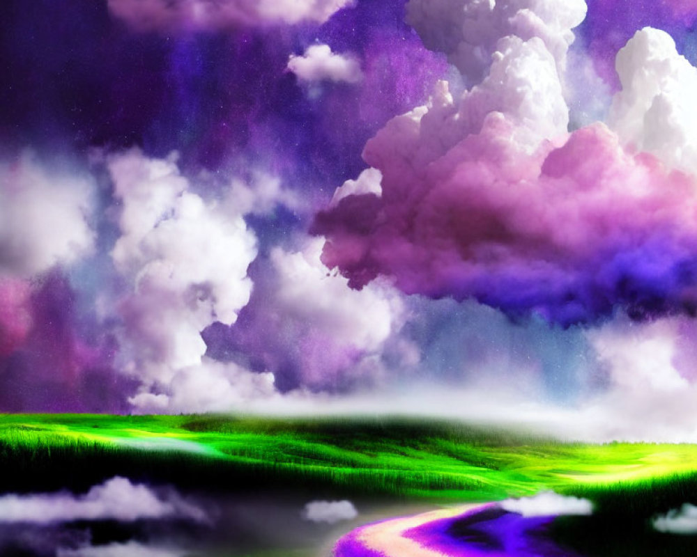 Surreal landscape with purple and white clouds over green field