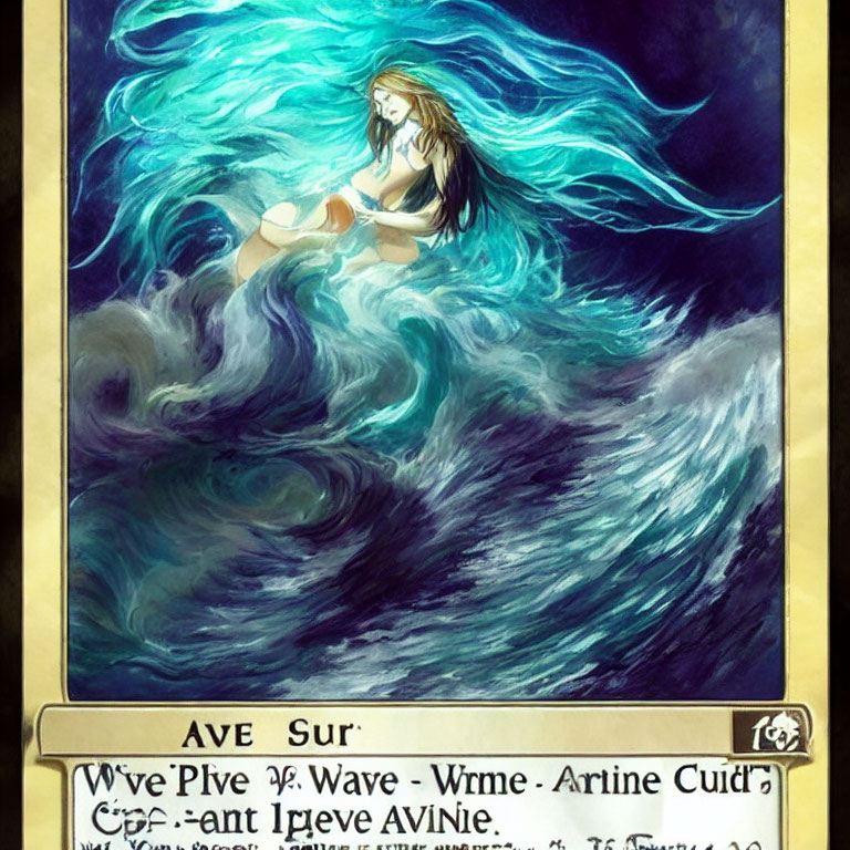Illustration of female figure with blue hair merging with waves in decorative border.