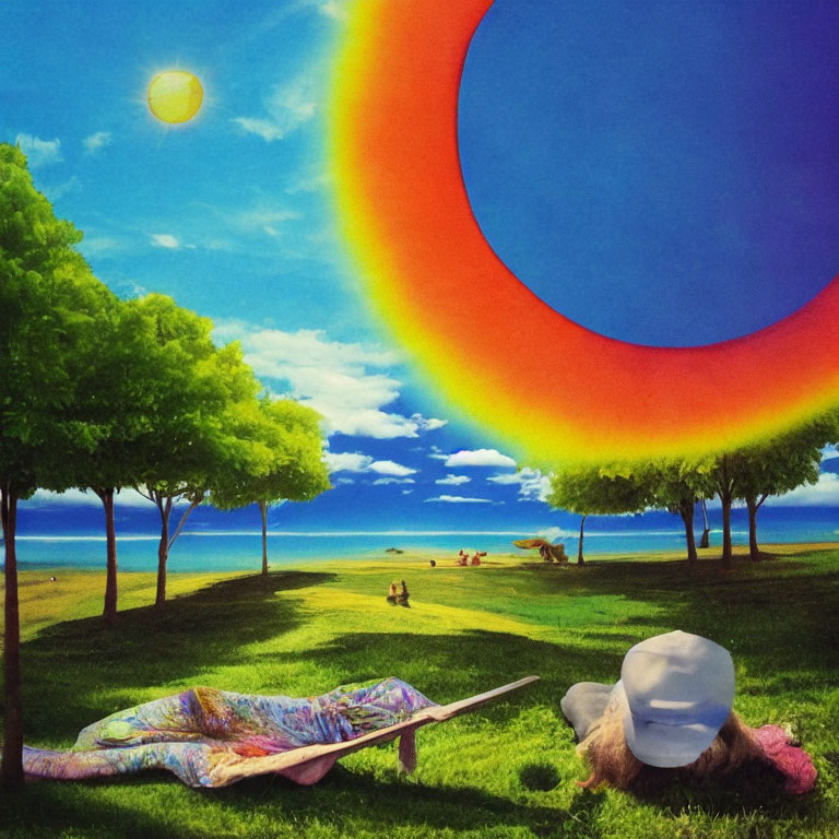 Colorful surreal landscape with rainbow ring, trees, and person on blanket.