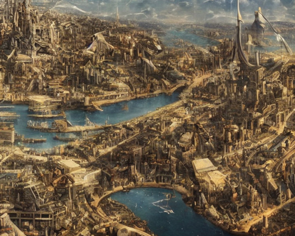 Detailed Steampunk Cityscape with Airships and Rivers