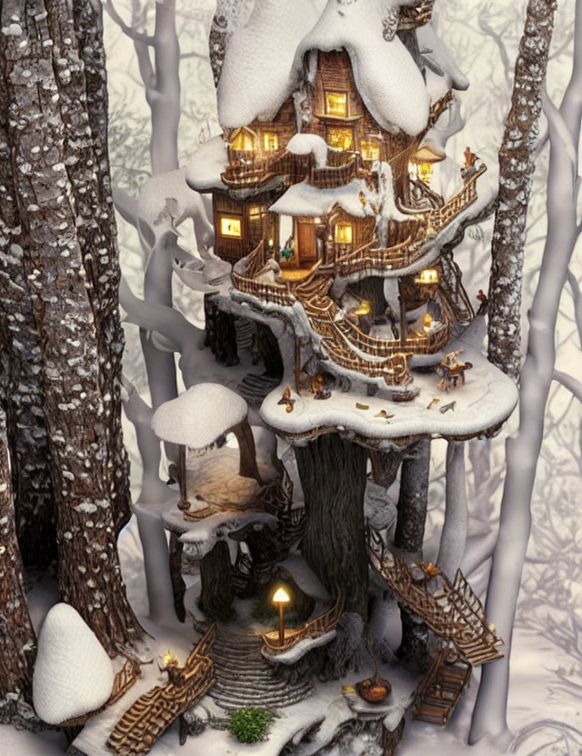 Detailed Illustration of Multi-Story Treehouse in Snowy Forest