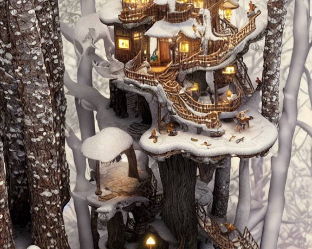 Detailed Illustration of Multi-Story Treehouse in Snowy Forest