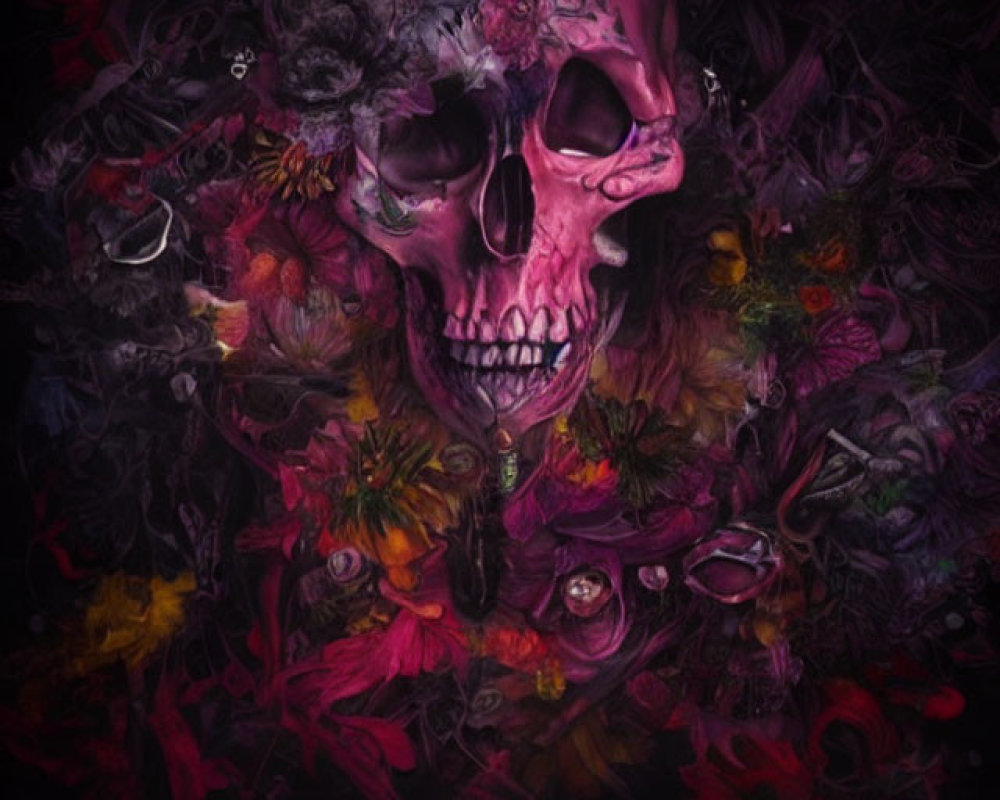 Colorful Abstract Art: Skull Surrounded by Floral Elements