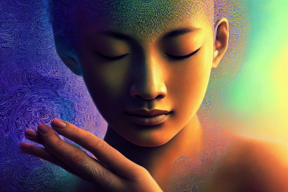 Digital artwork: Person meditating with closed eyes and intricate patterns on skin, against vibrant background