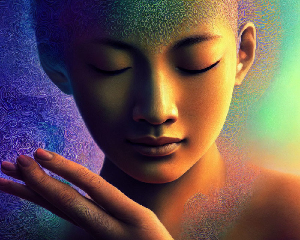 Digital artwork: Person meditating with closed eyes and intricate patterns on skin, against vibrant background