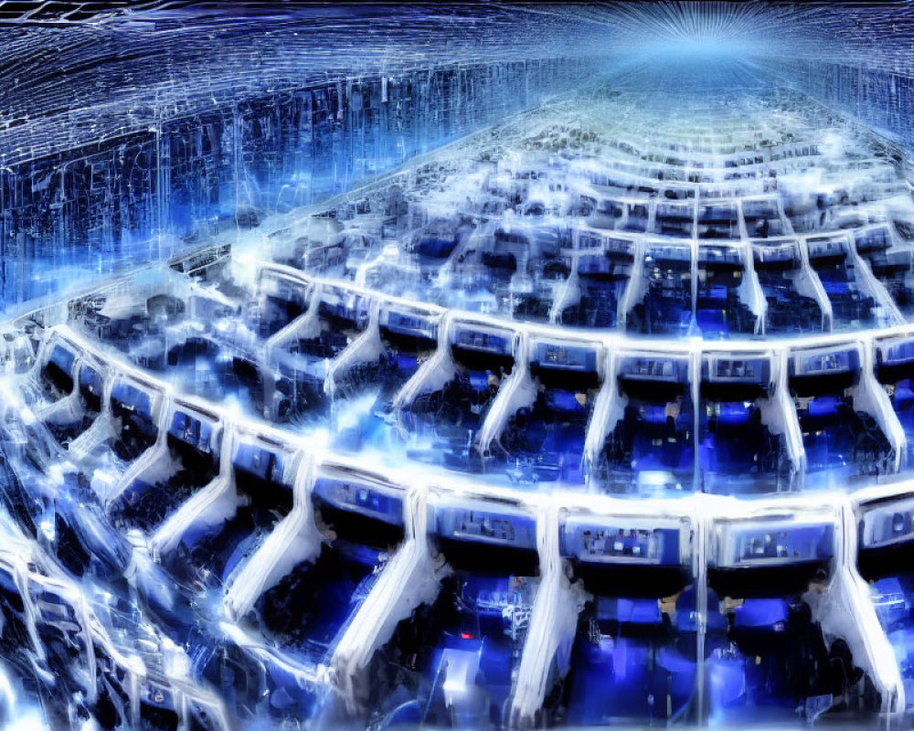Futuristic digital concept of blue-lit server rows