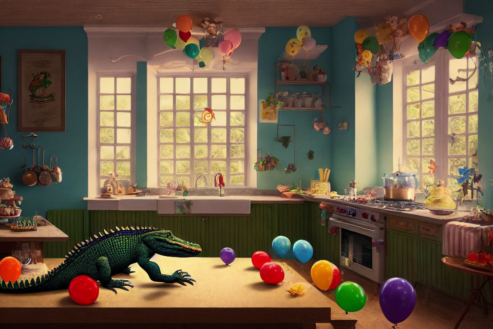 Colorful kitchen with toy alligator, balloons, sunlight, and playful decor.