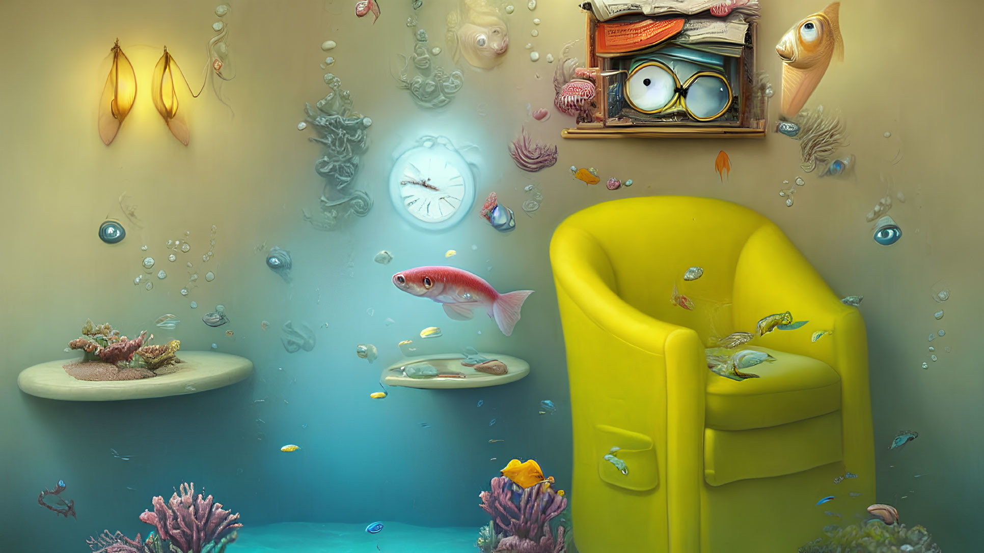 Colorful Underwater Scene with Fish, Armchair, Books, and Sea Life