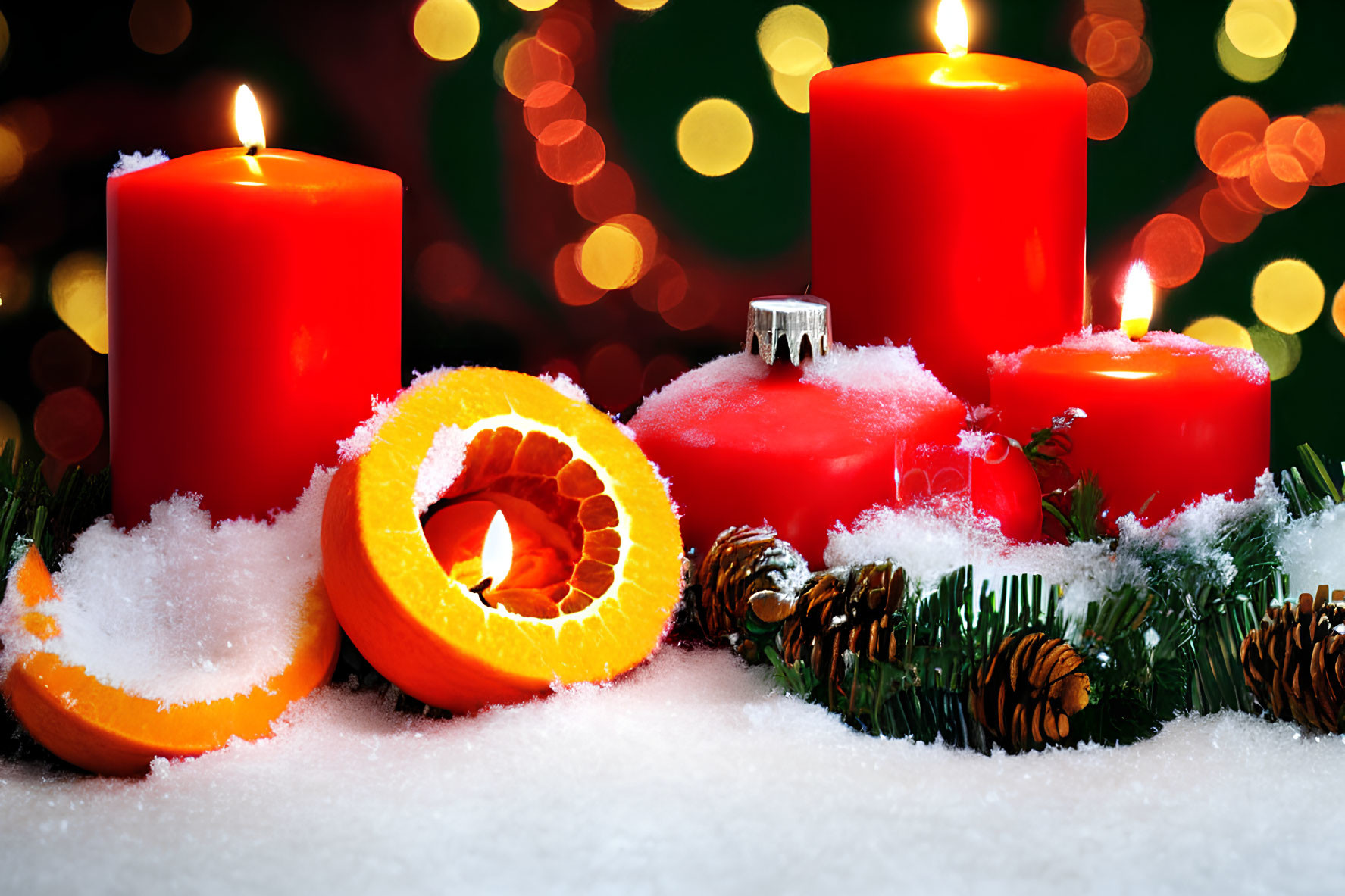 Festive holiday still life with red candles, orange slice, pine cones, and greenery