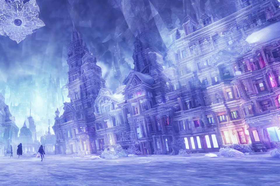 Glowing icy cityscape with crystalline structures and solitary figure under purple sky