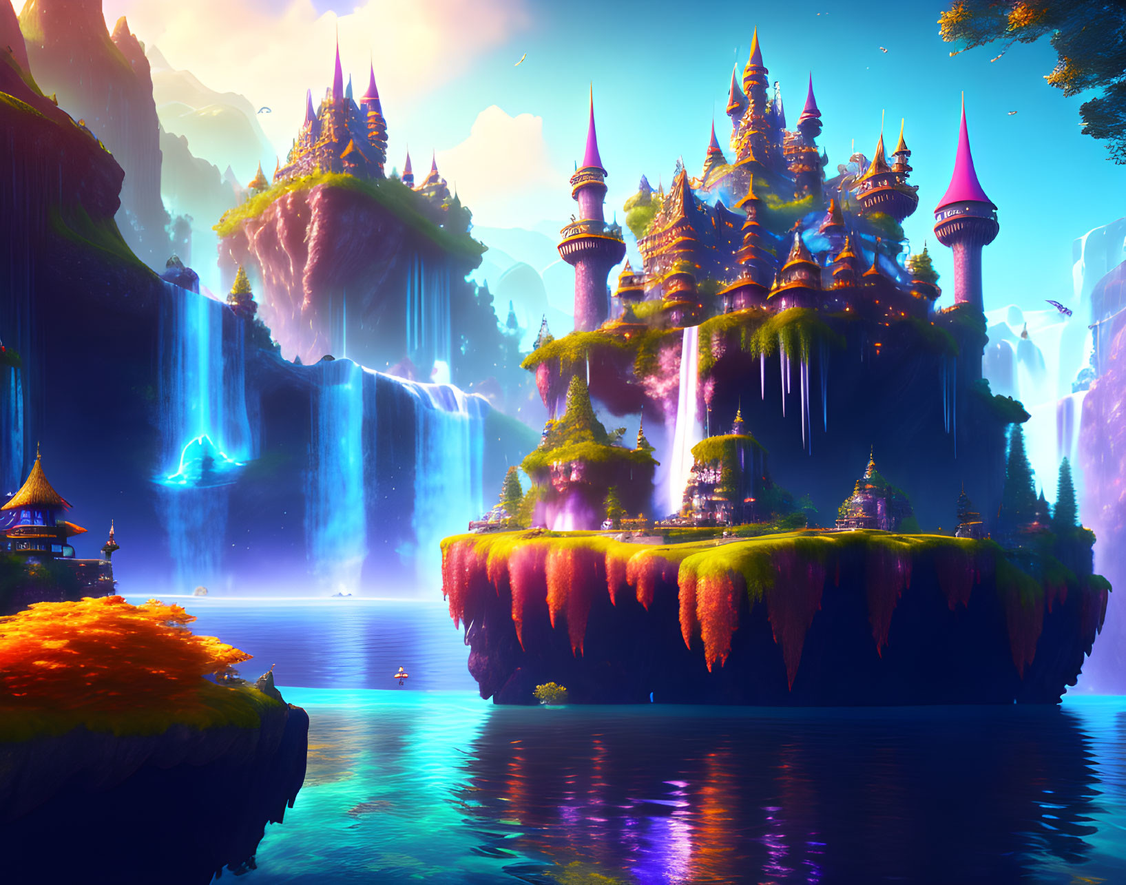 Colorful Fantasy Landscape with Floating Islands, Castles, Waterfalls, and Lake