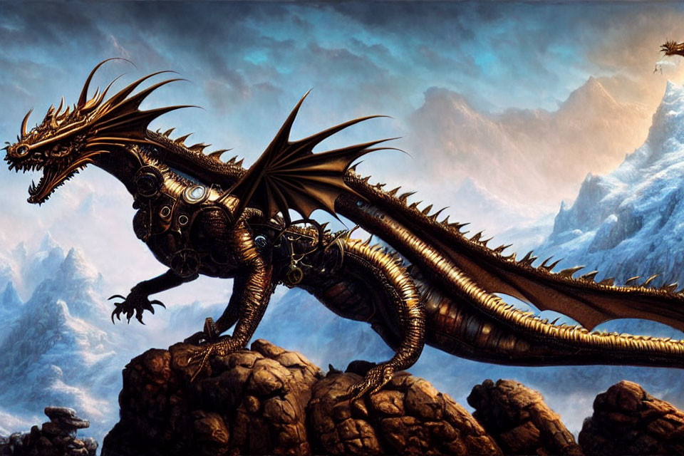 Intricate metallic dragon perched on rocky terrain with spread wings