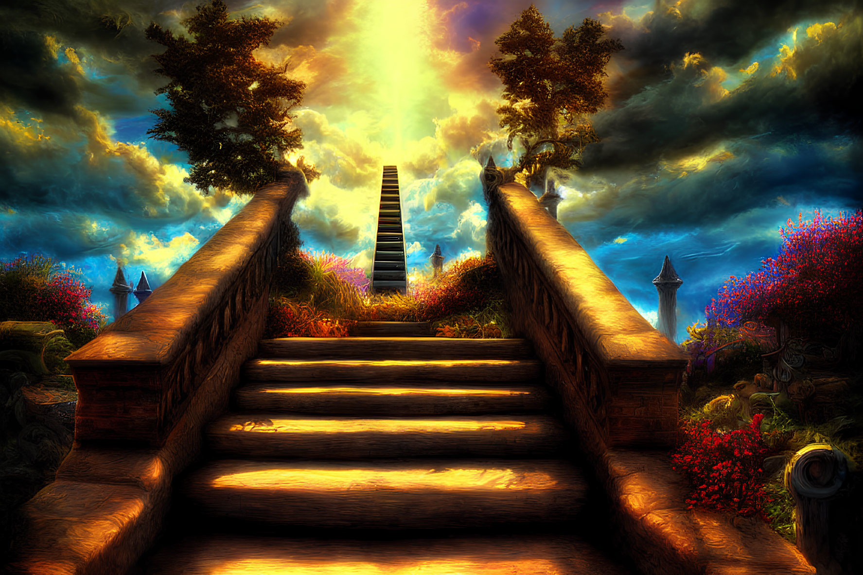 Colorful Stairway Ascends to Heavenly Light Amid Dreamlike Landscape