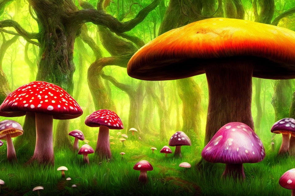 Colorful Oversized Mushrooms in Enchanted Forest Under Green Canopy