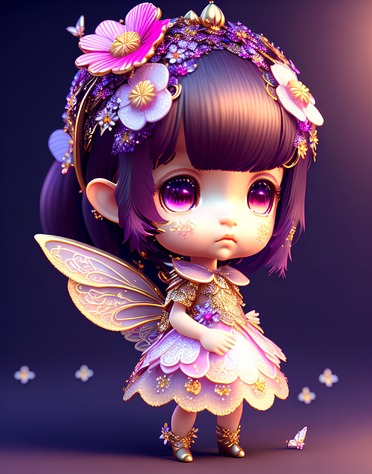 Cartoon fairy with purple eyes, floral headpiece, sparkly dress, wings, and butterflies.