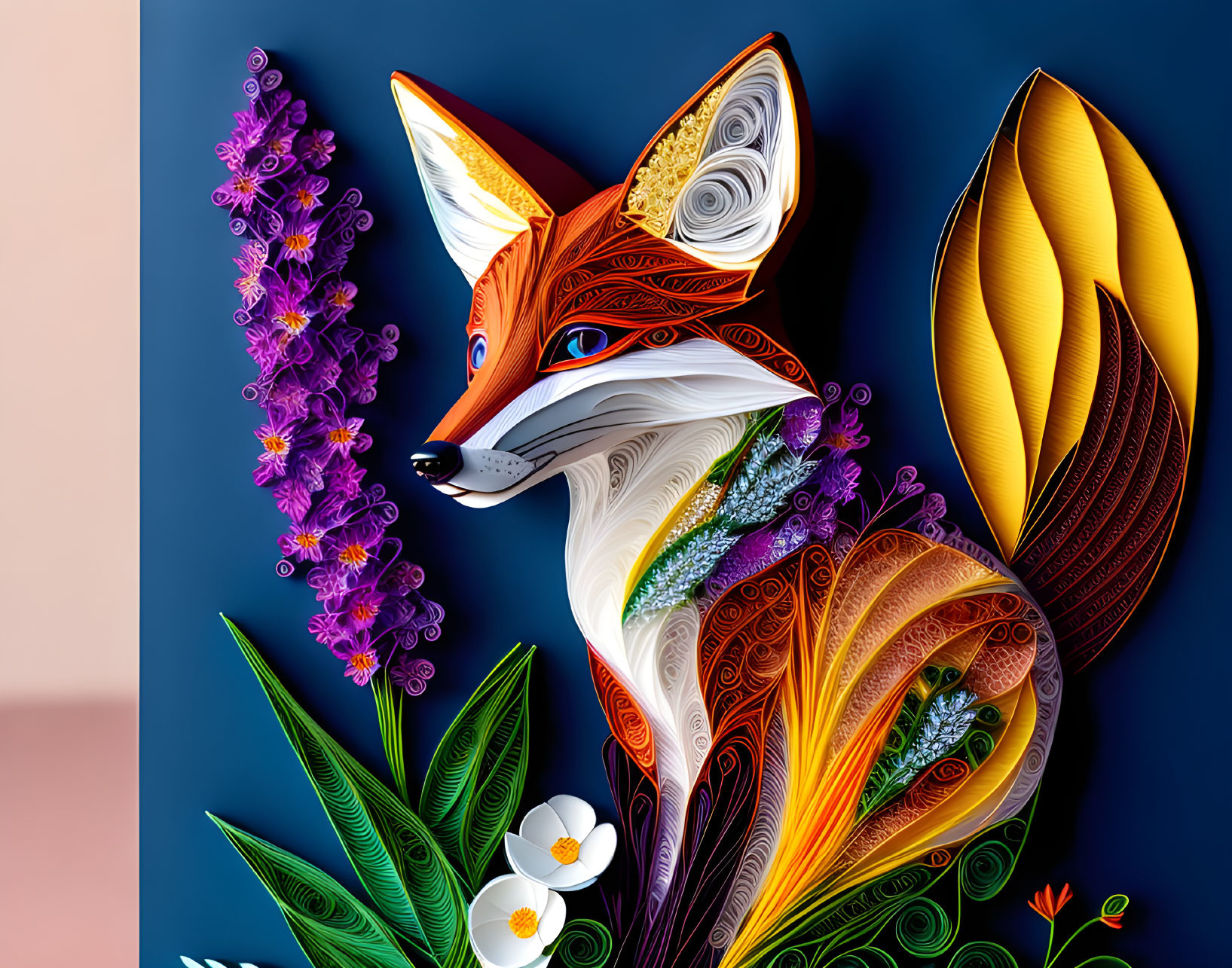 Vibrant Fox Paper Art with Floral Designs on Blue Background