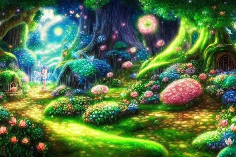 Fantasy forest with glowing plants, fairy, and whimsical tree houses