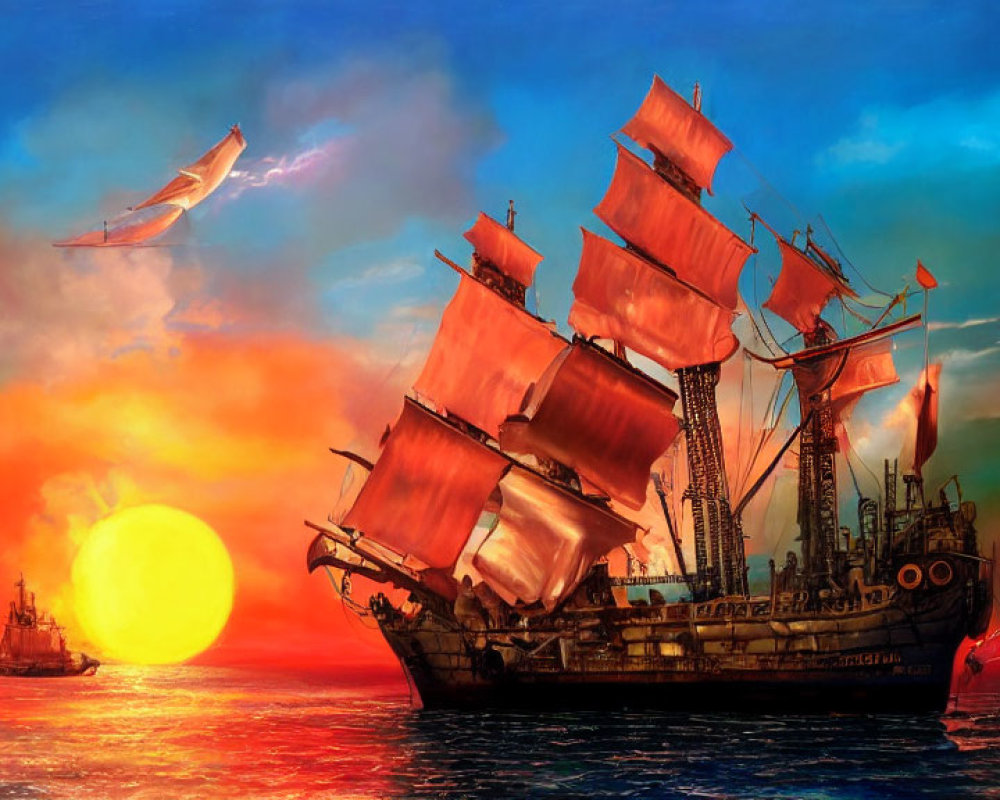 Colorful painting of sailing ship with red sails on sea at sunset