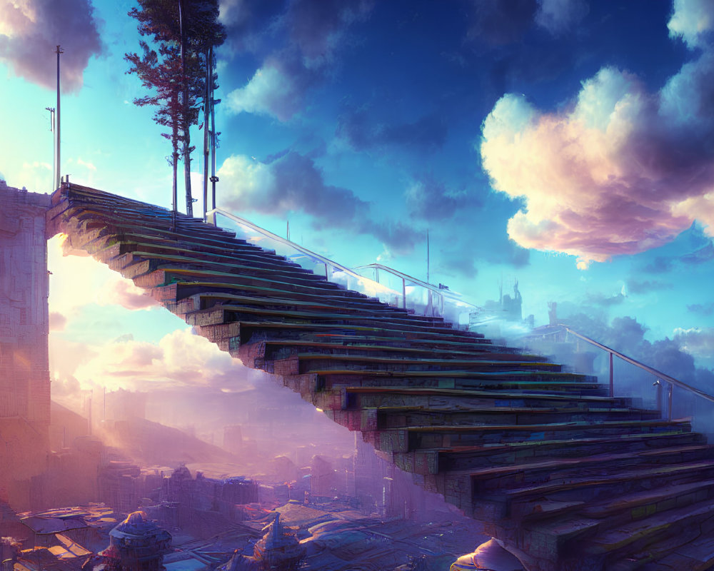 Mystical staircase in futuristic cityscape with lush greenery at sunset