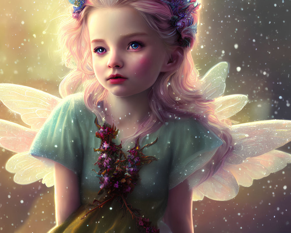 Young fairy with flower-adorned hair in celestial setting