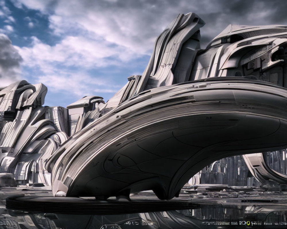 Futuristic cityscape with sleek, curved architecture under cloudy sky