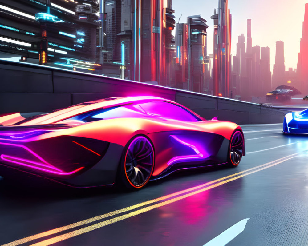 Futuristic cars with neon lights in modern cityscape at dusk