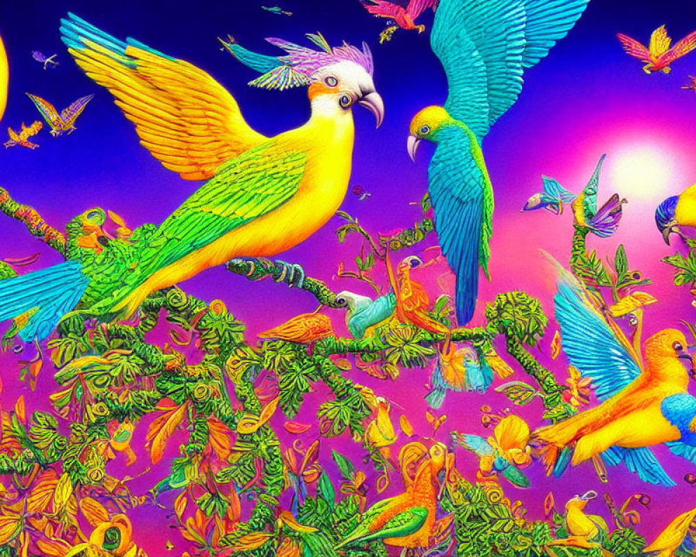 Colorful Exotic Birds Illustration Among Lush Foliage