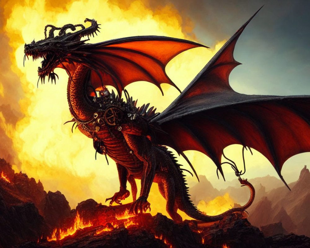 Majestic dragon with expansive wings in fiery volcanic landscape