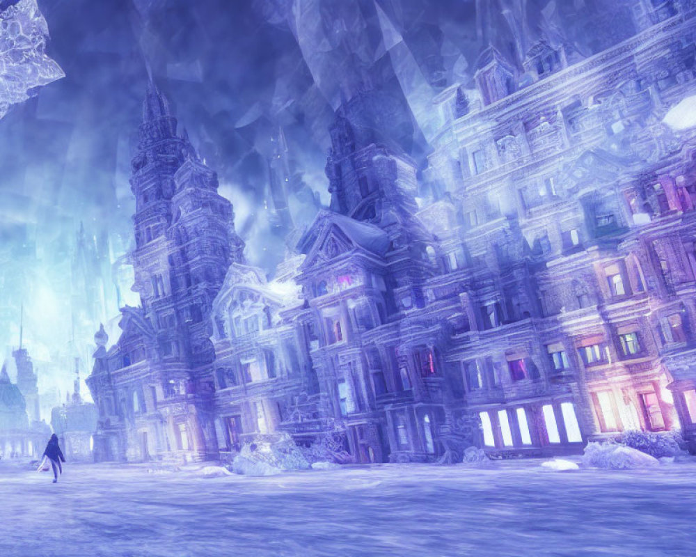 Glowing icy cityscape with crystalline structures and solitary figure under purple sky