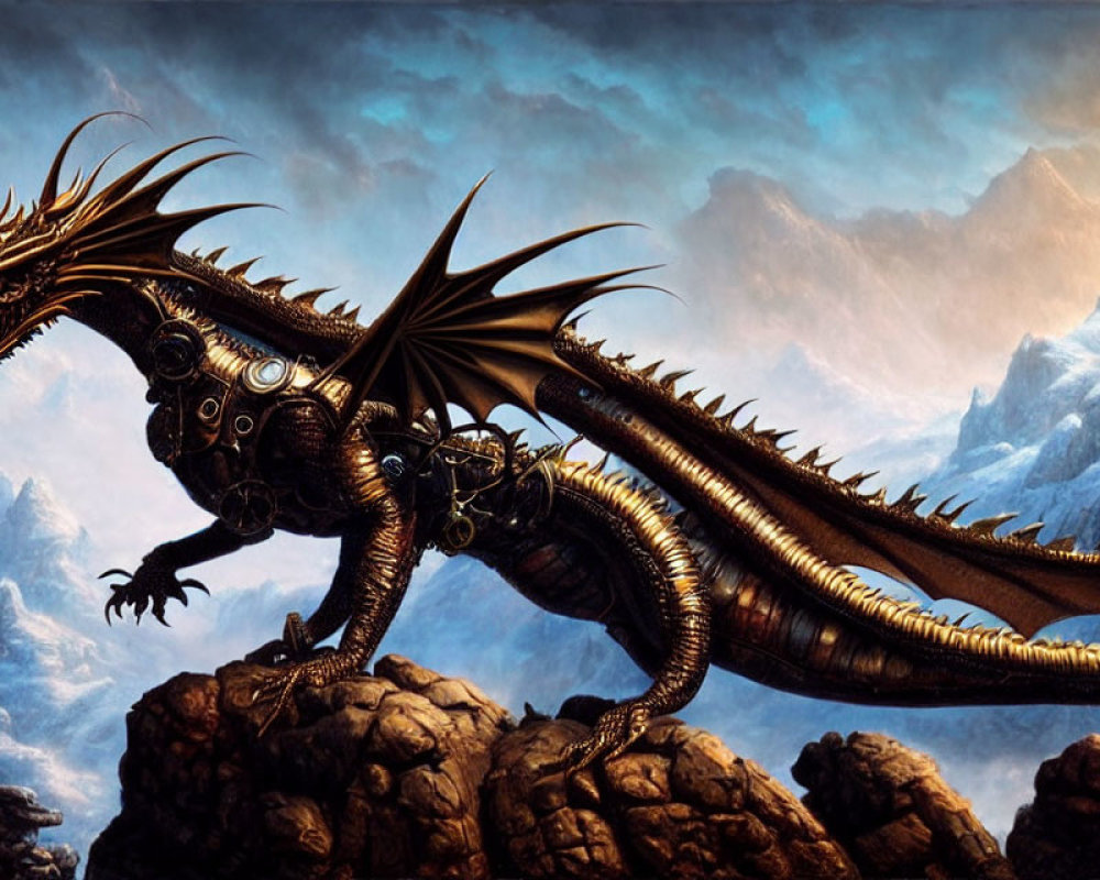 Intricate metallic dragon perched on rocky terrain with spread wings