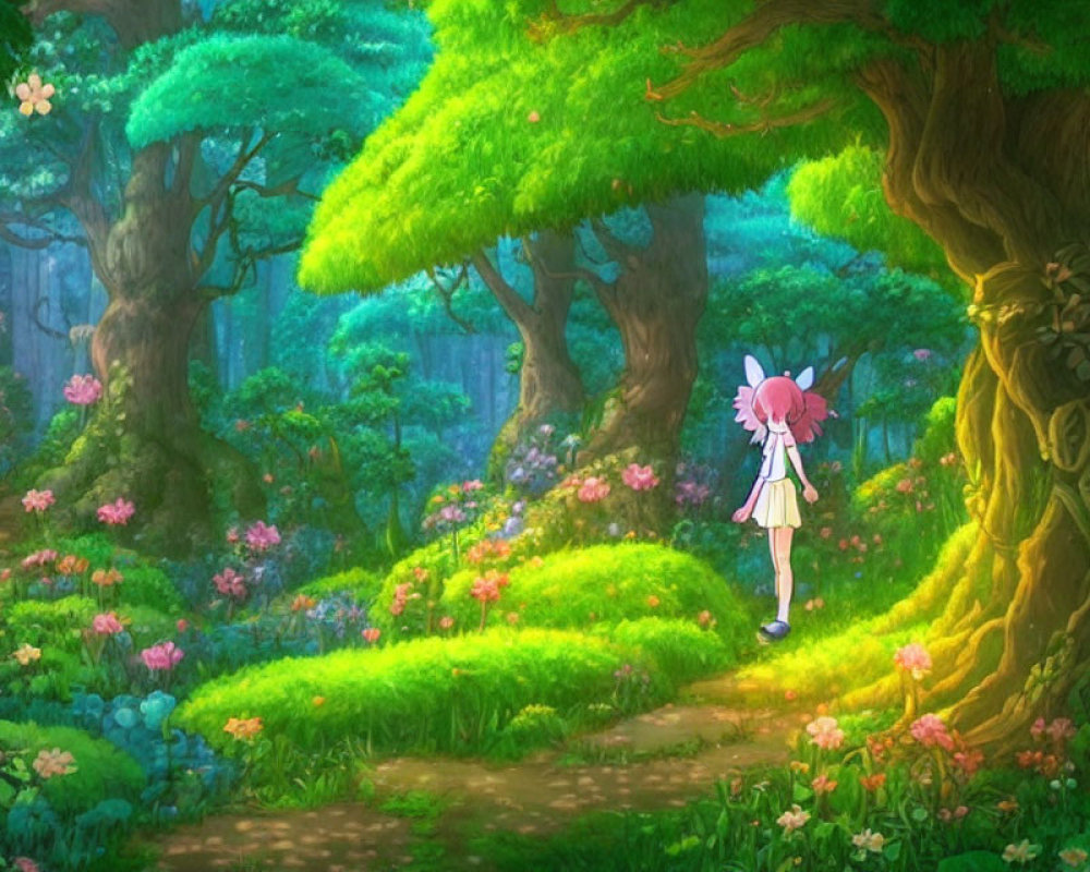 Lush Green Forest Path with Pink-Haired Figure and Wings