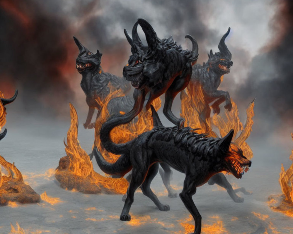 Fiery three-headed hellhound in volcanic landscape