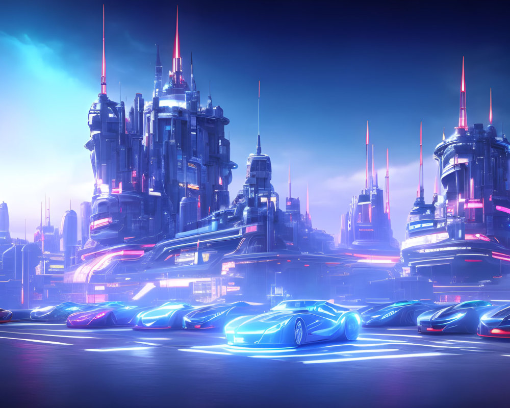 Futuristic twilight cityscape with sleek buildings and glowing vehicles