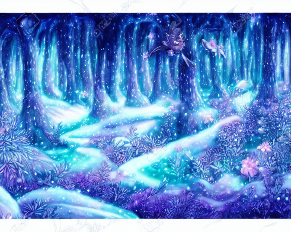 Enchanted forest at night with glowing blue pathways and whimsical creature
