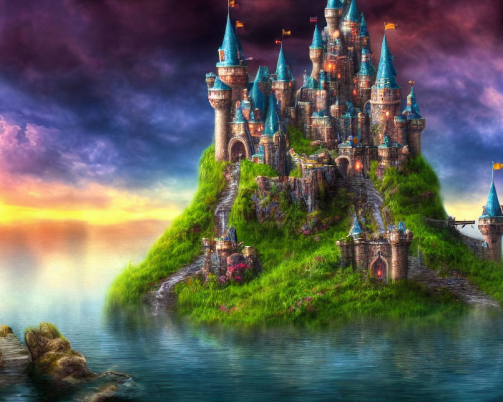 Majestic fantasy castle on green hill by vibrant sunset waterscape