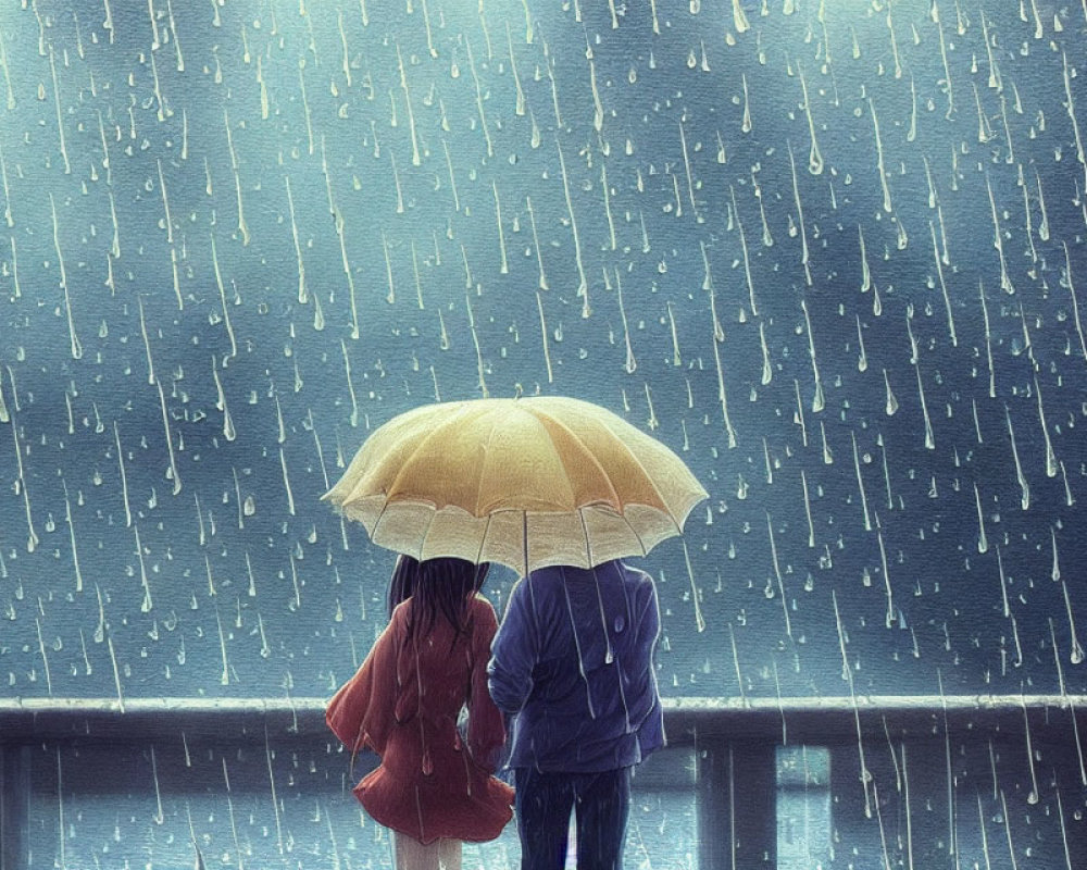 Two individuals under a yellow umbrella on a bridge during rain