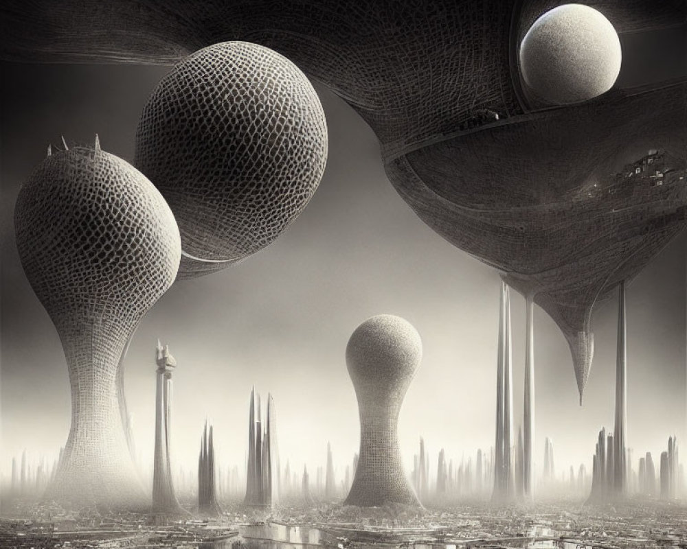 Surreal futuristic cityscape with mushroom-like structures and smooth spheres.