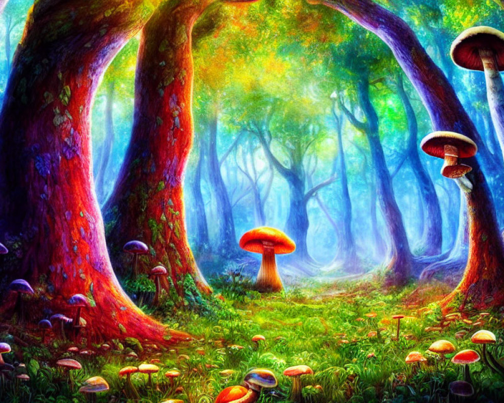 Enchanted forest with large mushrooms and twisted trees