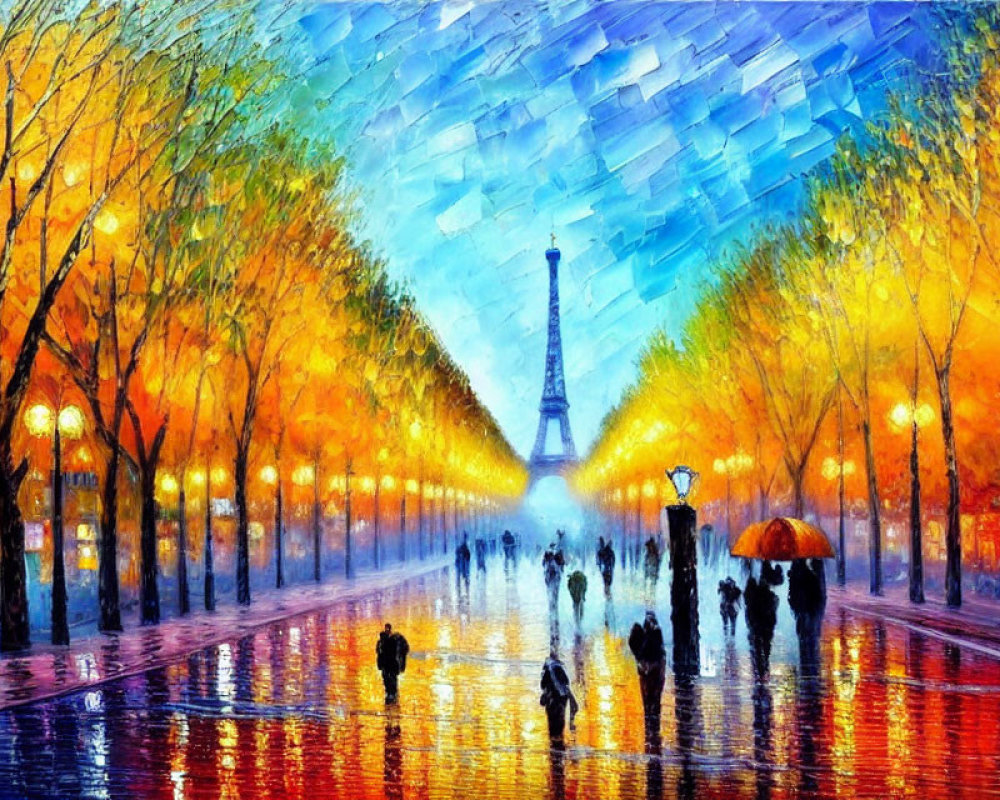 Impressionistic painting of bustling avenue with Eiffel Tower and autumn trees
