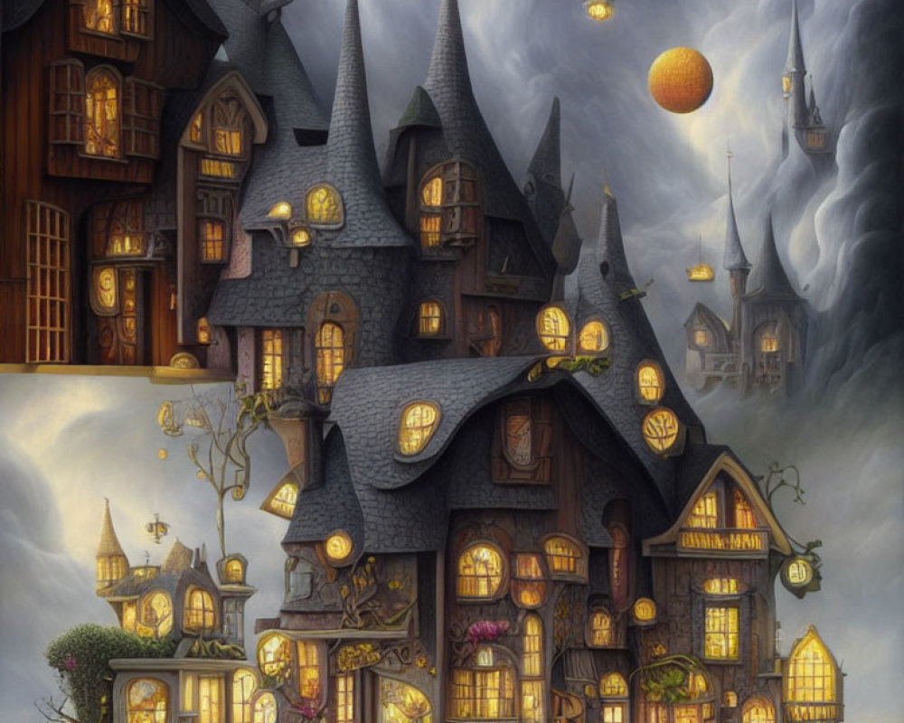 Fantasy houses with multiple roofs and glowing windows under a moonlit sky