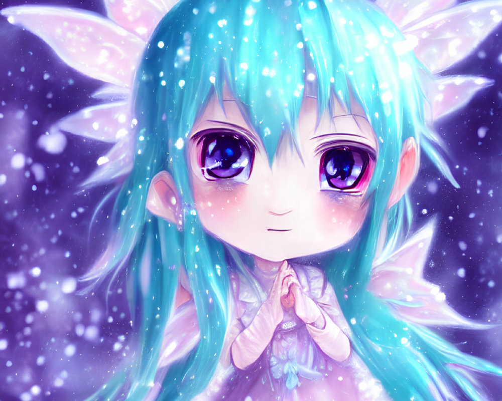 Blue-haired anime character in white dress amid snowflakes on starry backdrop