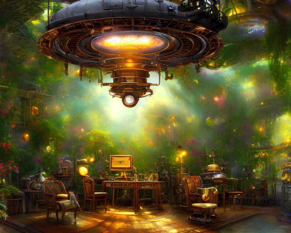 Steampunk-inspired room with greenery, hovering craft, vintage furniture, and scientific apparatus