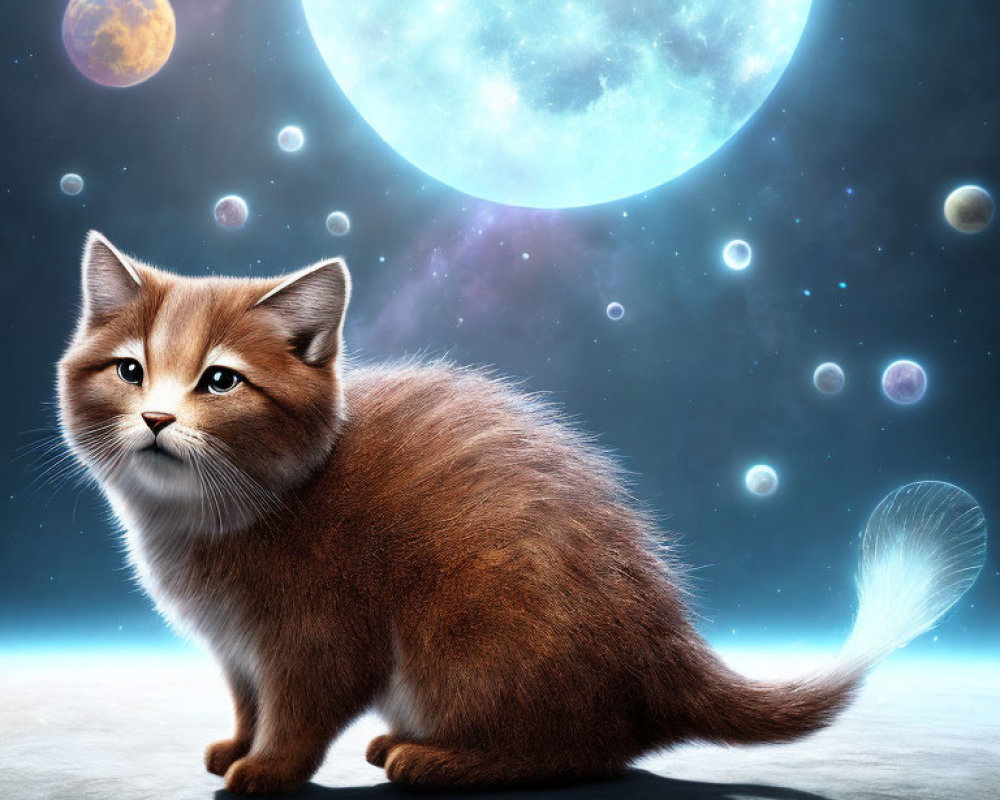 Ginger cat under blue moon and glowing orbs in night sky