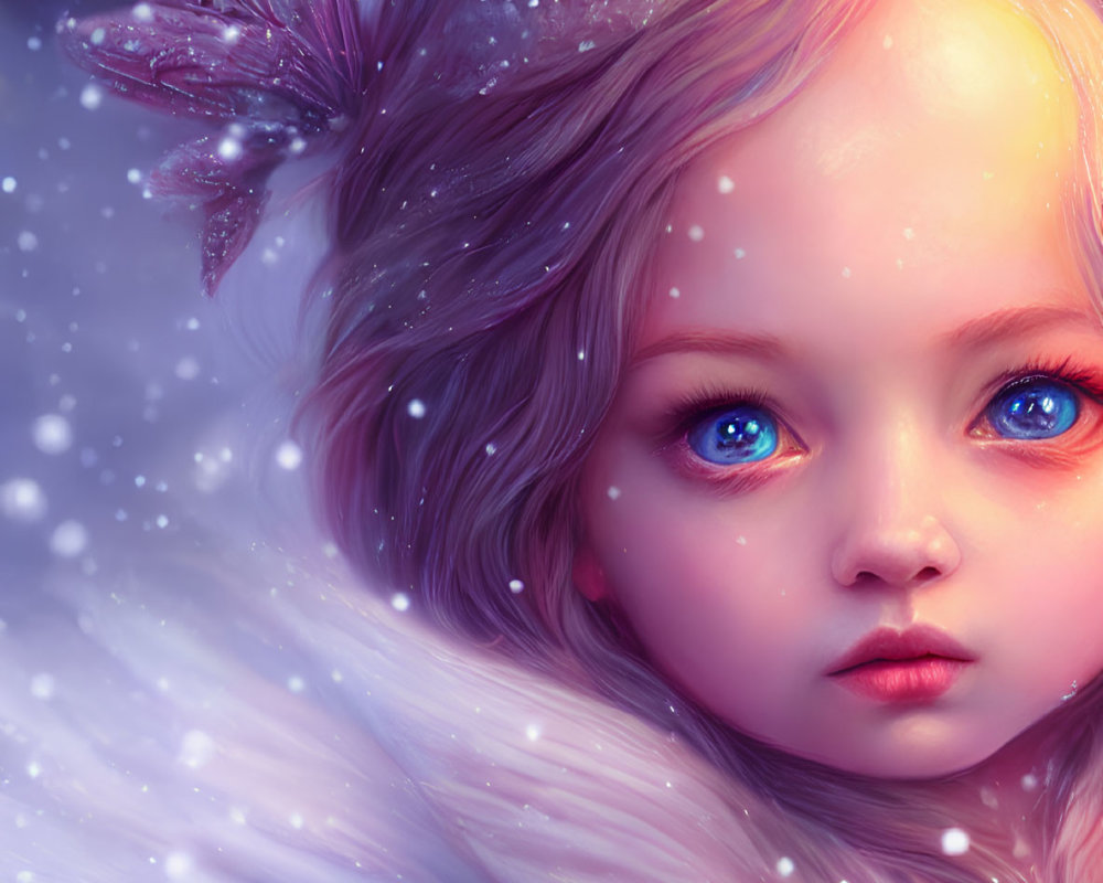 Fantastical image of girl with blue eyes in snowy setting.
