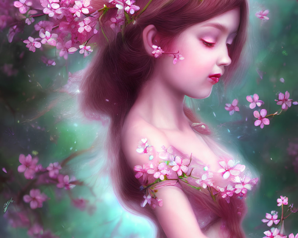 Illustration of girl with pink blossoms in nature-themed dress.